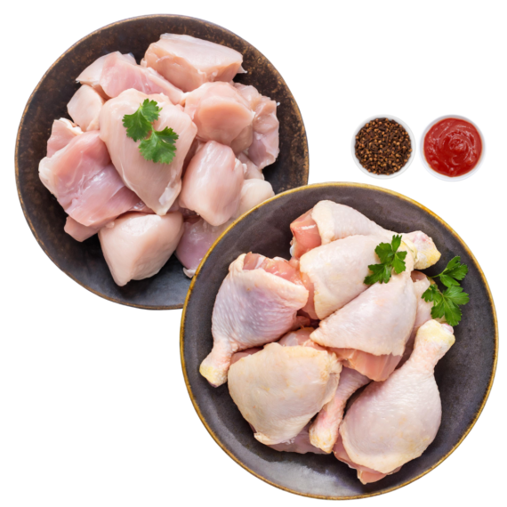 500g Premium Tender & Antibiotic-residue-free Chicken Skinless Curry Cut + 500g Premium Antibiotic-residue-free Boneless Chicken Cubes